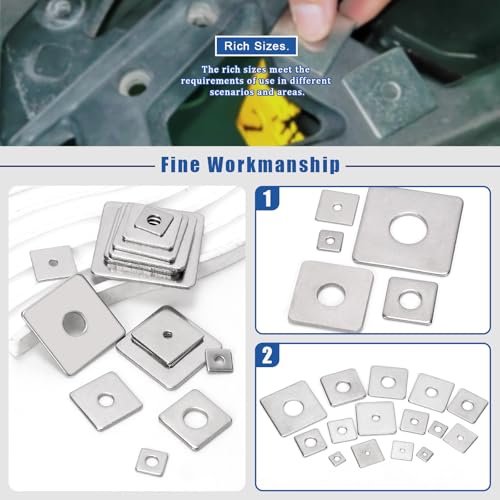Glarks 100pcs M3 M4 M5 M6 M8 M10 M14 Square Washers Assortment Set, 15 Sizes 304 Stainless Steel Square Plate Washers with Round Hole, Rectangular Washers, Square Washers Plate for Hardware Fixing