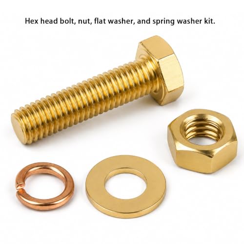 4pcs 1/4-20 x 1 Hex Screw Bolts + Hexagon Nuts + Flat Washers + Spring Lock Washers Kit, Conductive Brass Copper Hex Head Bolt, Full Threaded Heavy Duty Screw Bolts Kit 1/4-20 x 1", 4pcs