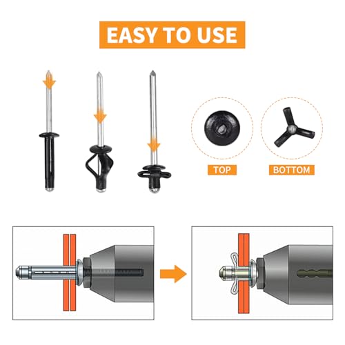 ALLCLEAN 3/16" x 3/4" Tri-Fold Rivets Assortment - 150Pcs,Black Tri-fold Exploding Pop Rivets Solid Aluminum Tri Grip Rivets Bulb Style Rivets for Kayak Marine Boat 3/16"x3/4"-150pcs Black