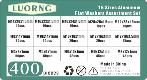 400PCS Aluminum Flat Washers Assortment Set 15 Different Sizes M4 to M22 Suitable for Domestic and Commercial Appliances Electrical Applications and Electrical Connections for Marine Use