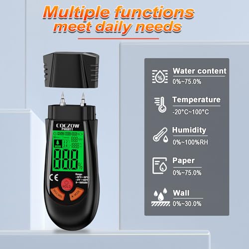 Wood Moisture Meter with Temperature and Humidity Measurement – Ideal for Quickly Measuring Moisture Content in logs, Paper, Plywood, Plaster Walls, Floor coverings, and Other Materials. Black Red