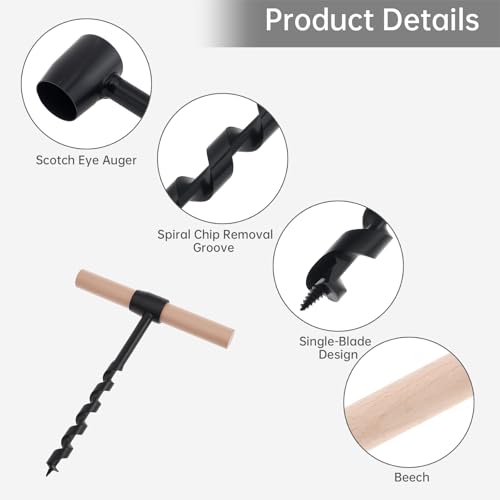 Hand Auger Wood Drill, Bushcraft Gear Hand Auger Wrench, Scotch Eye Multipurpose Manual Survival Drill Bit Woodworking Hole Saw Bit for Outdoor, Camping with Wooden Stick Hand Auger (4PCS) 4PCS