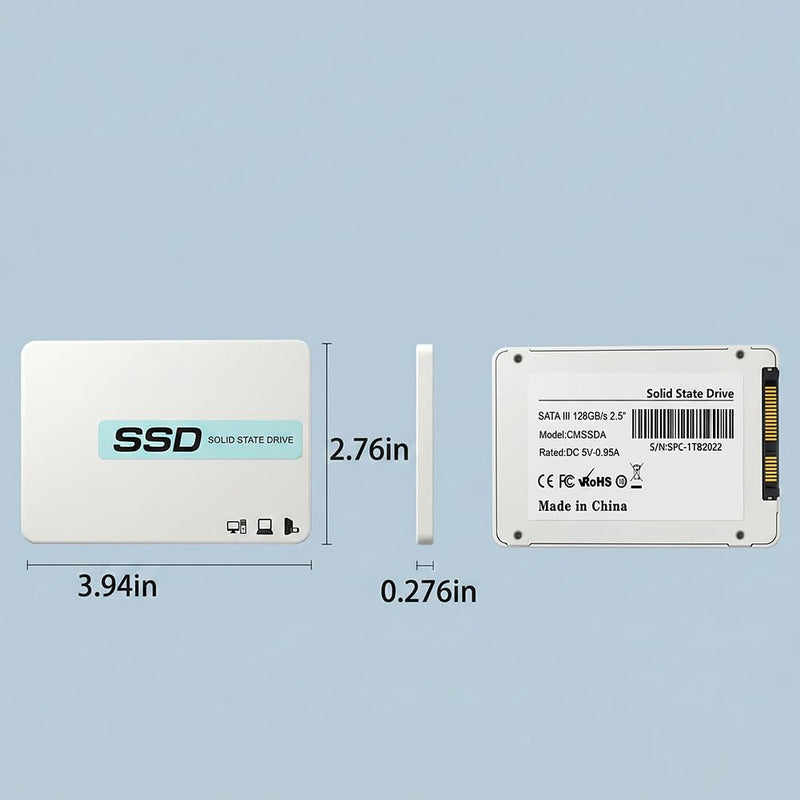 128GB SATA SSD 2.5 Inch Internal Solid State Drive, Read Speed up to 500MB/s, SATA III 6Gbps for Desktop Laptop NAS DIY External Drive - White