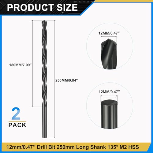PATIKIL 12mm Drill Bit 250mm Extra Long Shank M2 HSS for Metal 2Pack 2