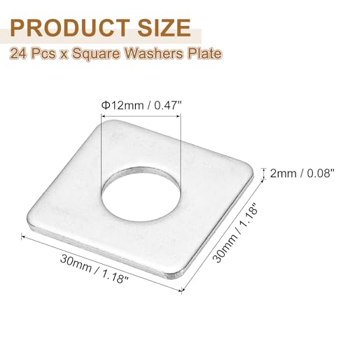 PATIKIL M12x30x2mm Square Washers, 24pcs Square Plate Washers Square Strut Washer Bearing Plate 304 Stainless Steel Flat Pad Spacer Hardware Fastener Nut Bolt Gasket M12x30x2 1