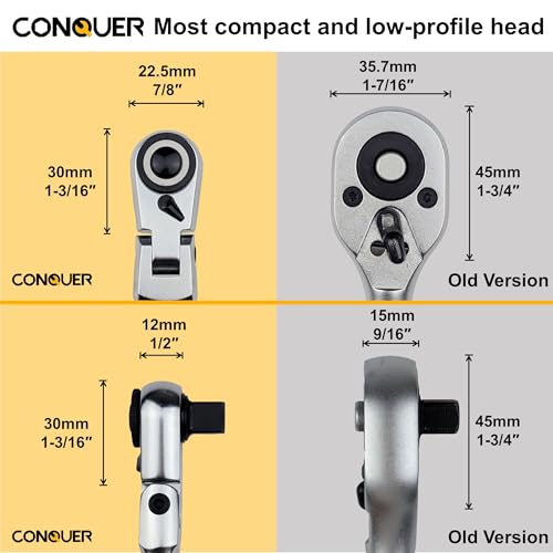 CONQUER 3/8" Drive Flex Head Ratchet Wrench, 4" Stubby Length Stubby Flex Head