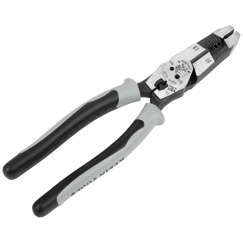Klein Tools J2159CRTP Side Cutting Pliers, Made in USA, 9-Inch Journeyman High Leverage Hybrid Pliers with Crimper, Fish Tape Puller and Wire Stripper Multitool Pliers