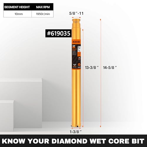 KSEIBI 619035 Wet Drill Core Bits 1-3/8" for Concrete, Marble, Granite, Brick, and Hard Masonry 13" Drilling Depth, 10mm Segment Height 5/8"-11 Arbor, Wet Only Hole Saw 1-3/8" (35MM) Wet Core Bit