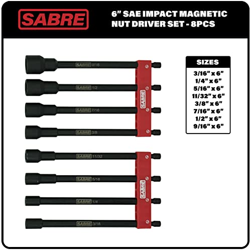 8 Piece SAE Impact Magnetic Nut Driver Set – 6 Inch Length, 1/4 Inch Hex Shank, Magnetic Socket Tip (8 Piece SAE Set) 8 Piece SAE Set