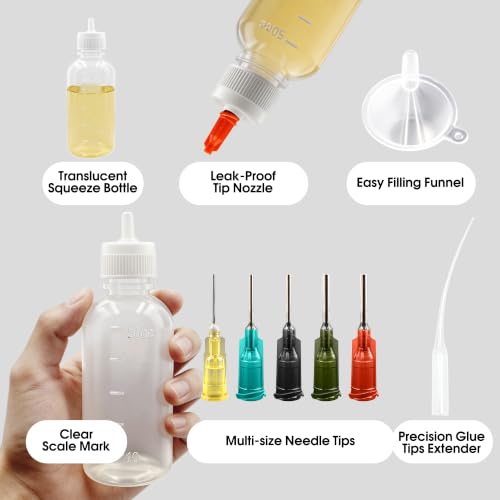 50ml Translucent Needle Tip Glue Squeeze Bottles, Precision Tip Applicator Bottle with 14G 16G 18G 20G Blunt Metal Needle Tips for Oil, Crafts, Repairs & Precision Applications
