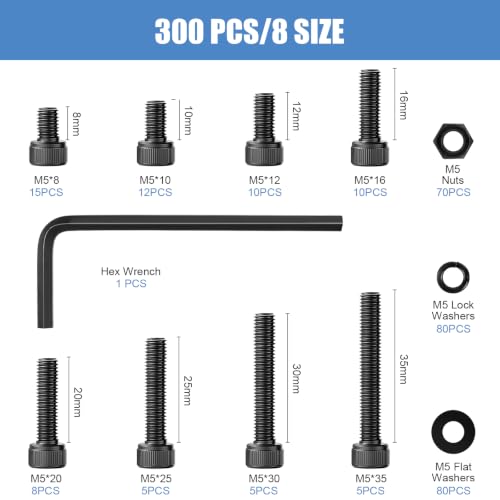 300PCS 8 Sizes M5 Screw Kit, M5 Bolts, Black Zinc Carbon Steel