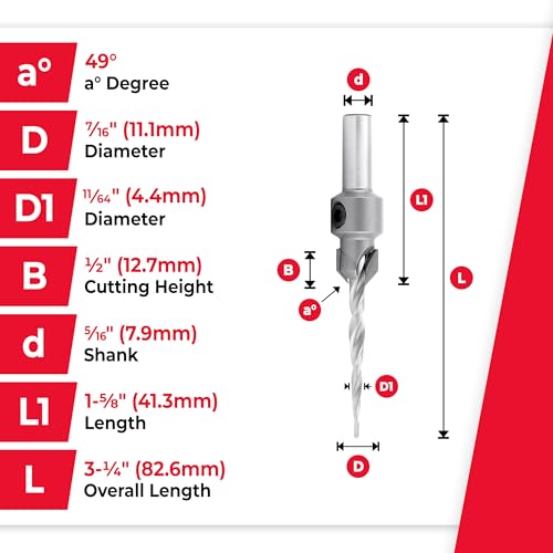 Amana Tool Carbide Tipped 82 Degree Countersink Tapered Drill Bit, 55608, 8 Screw, 7/16 D x 11/64 Drill Dia x 5/16 Round Shank