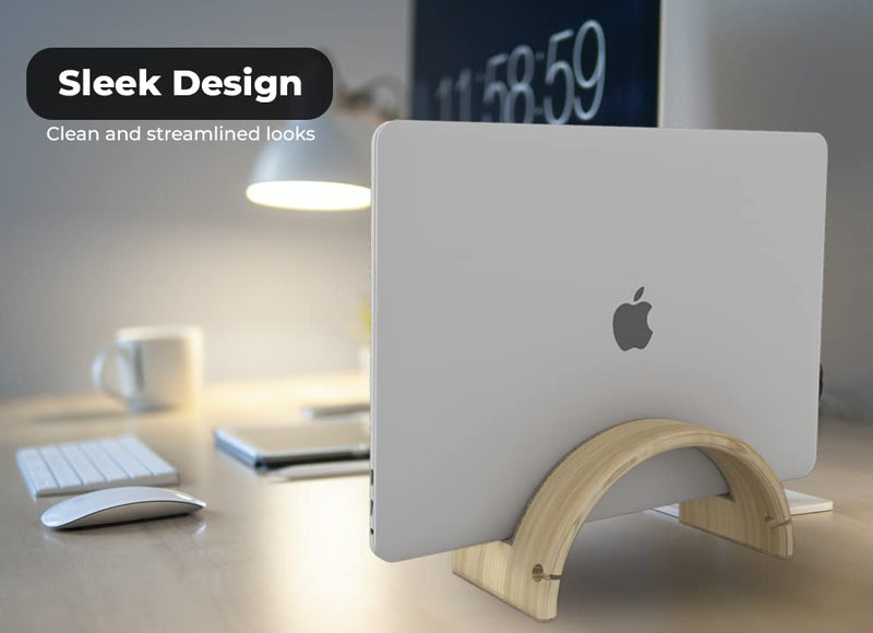 Kothar Wood Vertical Laptop Stand for Desk, Natural Bamboo, Space-Saving Desktop Dock for Apple MacBook, Microsoft Surface, iPad, Tablets and More