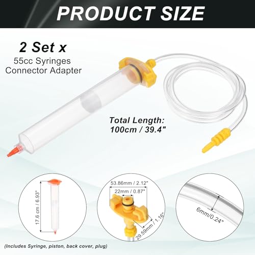 uxcell 2Pcs 55cc Air Tubing Glue Dispenser Syringes Kit, Syringes Connector Adapter Plastic Clear Tube Sleeve with Piston, End Cap, Top Hat for Industrial Glue Liquid Dispensing, Yellow