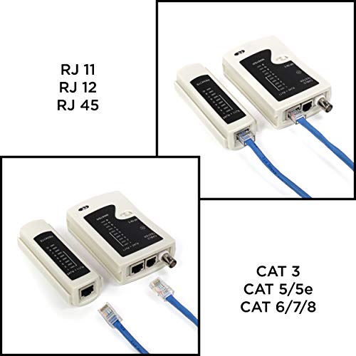 THE CIMPLE CO 3-in-1 RJ45, RJ11, BNC Cable Tester Tool - Universal Network, Telephone, and Coaxial Cable Tester - Tests Coax and Category Wire - White
