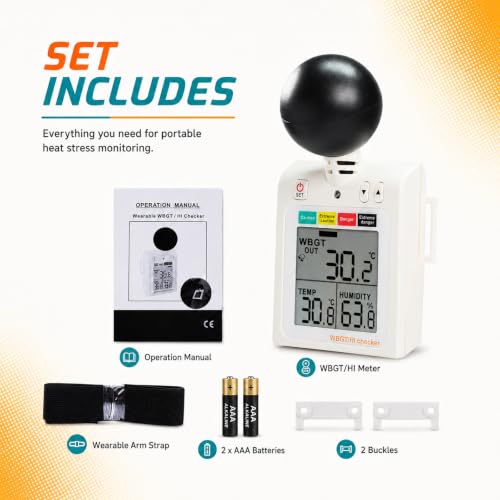 Wearable WBGT Heat Index Meter | Portable 40mm Black Ball Heat Stress Tester Air Globe Temperature Humidity Tester with Dangerous Level Indicator, 4-Level LED/Buzzer Alarm, Tripod Mount & IN/OUT Modes