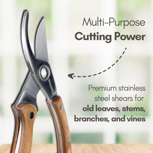 Mossify 8" Bypass Pruning Shears, Full-Metal Core, Wood Handle, Locking Stainless Steel