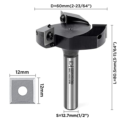 CNC Spoilboard Surfacing Router bit, 1/2'' Shank, 2-23/64'' Cut Dia, 15/32'' Cut Length, 3 Wings, Professional Woodworking Spoilboard Insert Carbide Bit by KOWOOD 2-23/64 inch cut dia