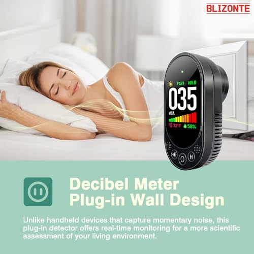 Decibel Meter Plug-in Wall, 3-in-1 Noise Detector(Noise,Temp and Humidity) with Fast/Slow Refresh Rate, MAX/MIN and Data Hold, 30–130 dBA Decibel Range for Rentals, Home, Classroom, Black