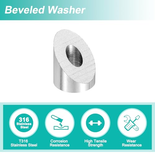 uxcell 20 Pcs 1/4 Inch 45 Degree Angle Beveled Washer, T316 Stainless Steel Angled Washer for Cable Railing Stair Ends Wood Metal Posts, Silver