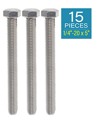 IMScrews Hex 1/4-20 x 5 Long Machine Screws, 304 Stainless Steel Bolts, Pack of 15 1/4"-20 x 5"