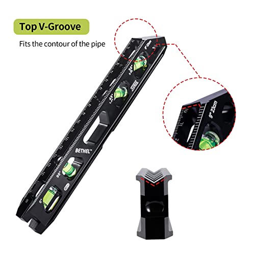 BETHEL Torpedo Level, Magnetic Conduit Level with 4 Vials, V-Groove and Magnet Track,Aluminum Alloy Construction, High Viz Black (9 inch) Black-9 Inch