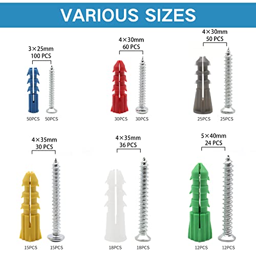 Drywall Anchors and Screws Kit 300Pcs, 150 Wall Anchors, 150 Drywall Screws, Including 6 Different Sizes 300