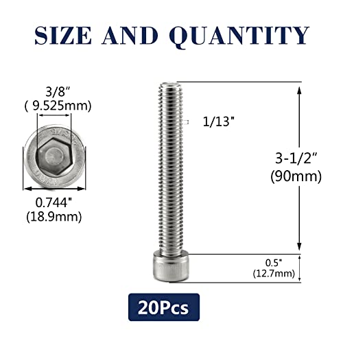 1/2-13 x 3-1/2" Socket Head Cap Screws Bolts, 20Pcs 304 Stainless Steel 18-8, Allen Socket Hex Drive, Full Thread, Bright Finish by SG TZH(with Hex Spanner) 20 1/2-13 x 3-1/2"
