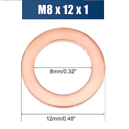 M8 Copper Washers Flat Ring Sump Plug Oil Seal Gasket Sealing Fitting Washers M8 x 12 x 1mm(50 Pieces)
