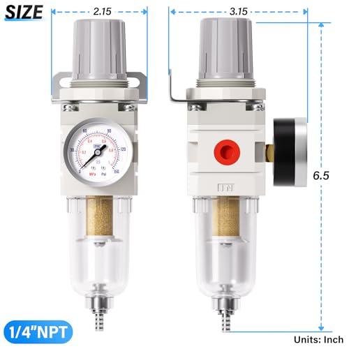  [AUSTRALIA] - TAILONZ PNEUMATIC 0-150PSI 1/4 Inch NPT 5 Micron Copper Element Air Filter Pressure Regulator Combo Piggyback, Air Tool Compressor Filter with Gauge 1/4"NPT