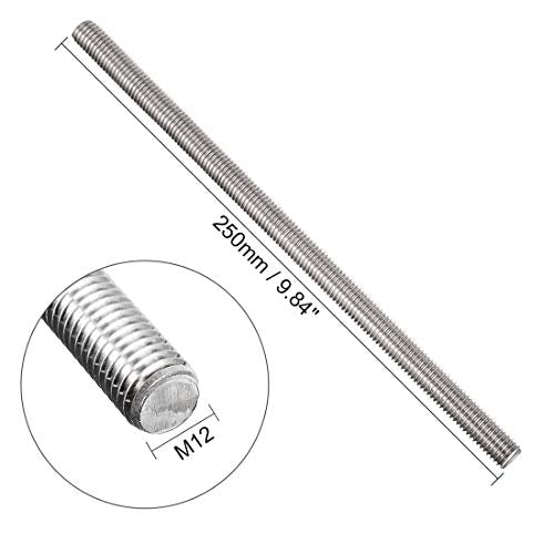 2pcs M12 x 250mm Fully Threaded Rod, 304 Stainless Steel Long Threaded Screw,Right Hand Threads for Anchor Bolts,Clamps,Hangers and U-Bolts M12x250mm