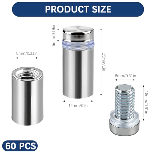 60 Pcs Sign Standoff Screws, Advertising Screws Stainless Steel Wall Standoff Mounts Glass Acrylic Nail for Glass Artwork and Sign Displays, Stainless Steel Sign Mounting Bracket (1/2 x 1 Inch)