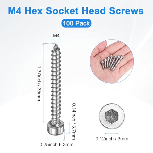 M METERXITY 100 Pack Hex Socket Head Screws, M4x35mm Stainless Steel Bolts Full Thread Self Tapping Screws for Furniture Machinery Electrical Appliances [Silver]