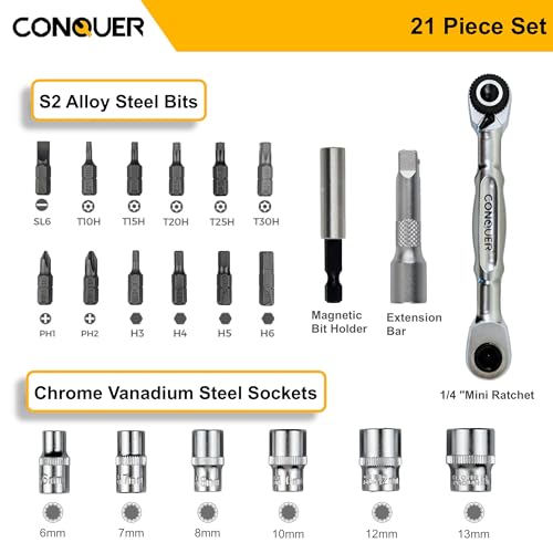 CONQUER 21-Piece 1/4" Drive Mini Ratchet Spline Socket Set, SAE/Metric 21 PC Spline Socket Set