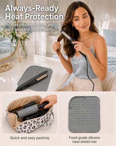 Hair Tool Travel Bag With Heat Resistant Mat, Large Capacity Hot Tool Bag & Hair Tool Organizer Bag for Curling Iron, Flat Iron, Hair Dryer, Hair Accessories Organizer, Travel Essentials for Women