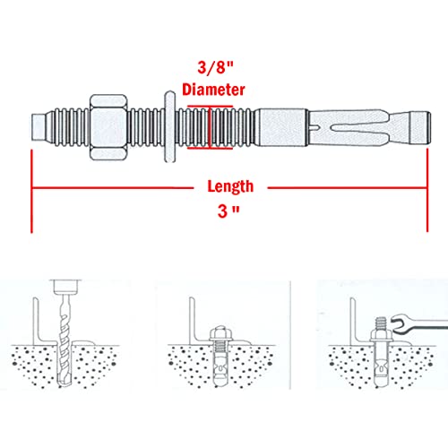 3/8" X 3" Concrete Anchor, 304 Stainless Wedge Anchor with Excellent Anti-Rust Performance, 304(18-8) Stainless Steel Concrete Anchors and Screws Kit (10pcs) 3/8" X 3"