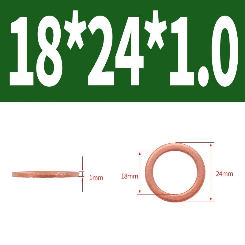 M18 Flat Washer Copper Sealing Ring, 18mm ID 24mm OD 1mm Thickness Metric Sealing Gasket, 10 Pieces