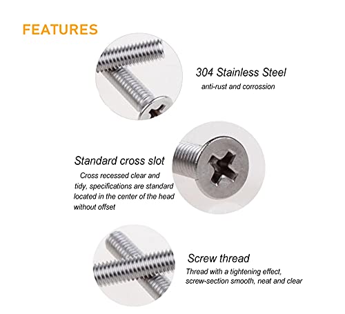 230pcs M5-0.8 x 6mm/8mm/10mm/12mm/16mm/20mm/25mm/30mm Flat Countersunk Head Phillips Screws with M5 Hex Nuts Kit, 304 Stainless Steel / A2-70/18-8, Full Thread, Plain Finish
