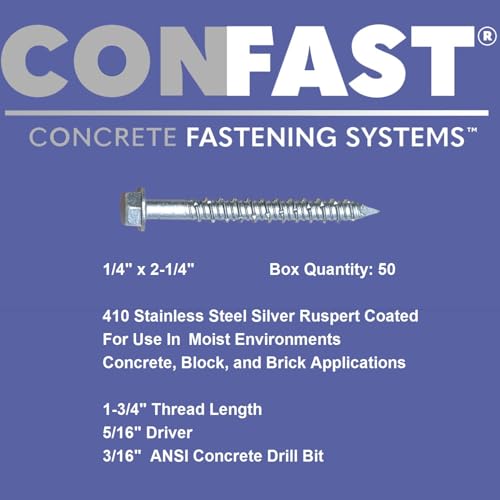 CONFAST 1/4" x 2-1/4" Concrete Screws 410 Stainless Steel Hex with Concrete Drill Bit for Anchoring to Masonry, Block or Brick (50 per Box) 1/4" x 2-1/4"