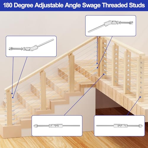 BLIKA 10 Pack 1/8" 180° Adjustable Angle Swage Threaded Stud Tension End 1/8 Inch