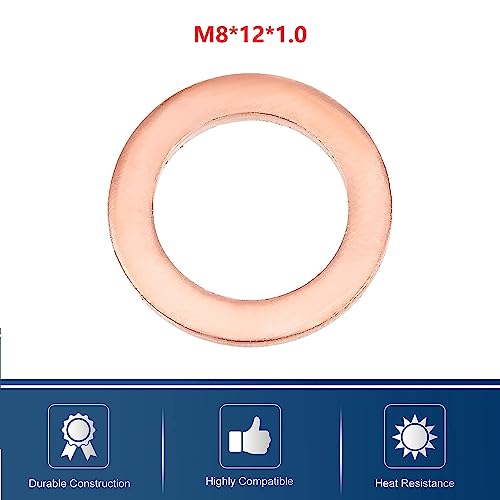 M8 Copper Washers Flat Ring Sump Plug Oil Seal Gasket Sealing Fitting Washers M8 x 12 x 1mm(50 Pieces)