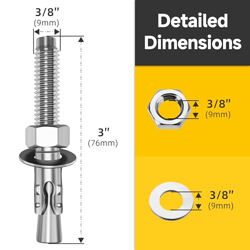 Mywish 3/8 x 3 Inch Wedge Anchors, 10Pcs 304 Stainless Steel Industrial 3/8 Heavy Duty Industrial Masonry Wdege Anchor Bolts for Brick Cement and Concrete, Bright Finish 3/8 x 3"