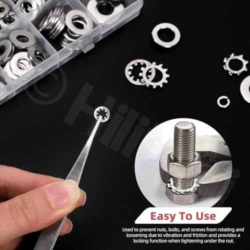 Hilitchi 400PCS 6 Sizes British 304 Stainless Steel External Star Washer Internal Serrated Lock Washer Set Split Washers Quick Speed Locking Washer for Screws Bolts(#6#8#10 1/4” 5/16” 3/8”) British System