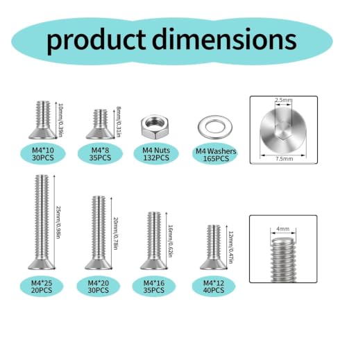 488 PCS M4 Countersunk Screws Kit, M4 Flat Head Machine Screws Assortment 488