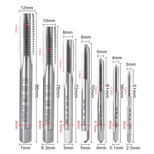 ATOPLEE 7pcs Metric M2 HSS 6542 Left Hand Thread Tap Set, M3 M4 M5 M6 M8 M10 M12