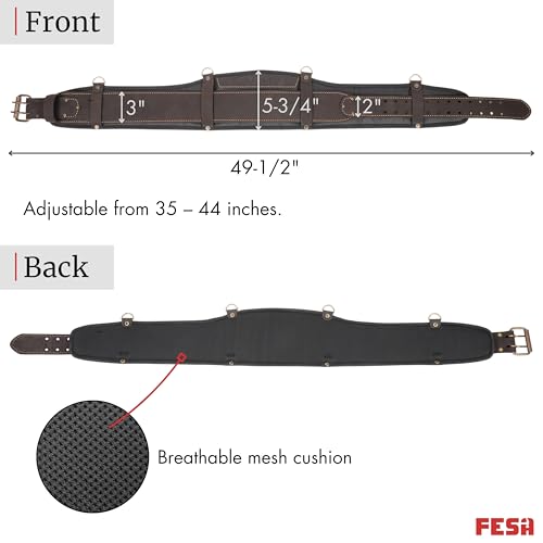 FESA Padded Leather Tool Belt with Back Support Have D-rings for Suspenders Brown