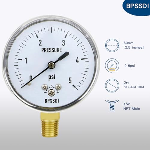 0-5 Psi Low Pressure Gauge, Capsule Gauge with 304 Stainless Steel Case, 2.5" Dial Size, 1/4" NPT Lower Mount, Zero Adjustment, for Air Water Gas Pressure Test 0-5psi（includes tape）