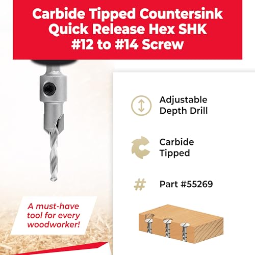 Amana Tool Carbide Tipped 82 Degree Countersink Drill Bit, 55269, 3/8 D x 49 Deg x 1/4 Quick Release Hex Shank for Wood Screw 12 to 14