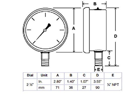 Water Pressure Gauge Oil Filled Vibration Proof Stainless-Steel 2-1/2" Dial Size Dual-Scale with 1/4" NPT Bottom Mount and 1/4" RO Fittings for RO System (0-0.7kg(MPa)/0-100psi) 0-0.7 kg(MPa) / 0-100 psi