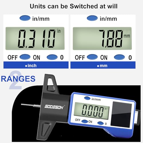 GODESON Digital Tire Tread Depth Gauge – Solar & Battery Hybrid, Inch/MM Modes, 1"/25.4mm Range, Blue Accurate Tread Depth Gauge Tool for Cars, Trucks & Motorcycles Tire Wear Check IN/MM - Blue